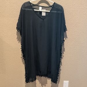 West Loop Dark Gray Swim Coverup with Pom-Pom Detail